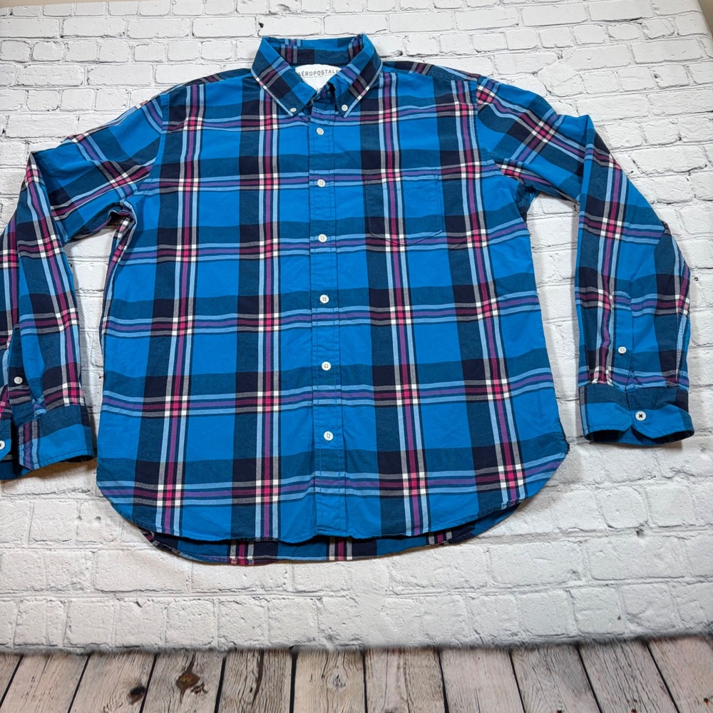 Aeropostale Mens Blue Plaid Button Down Shirt Long Sleeve Cotton Large